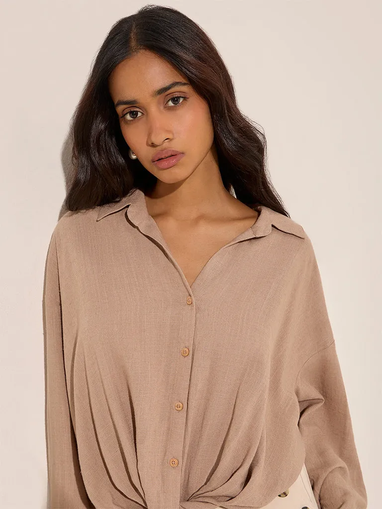 LOV Beige Knot-Detailed Linen-Blend Shirt