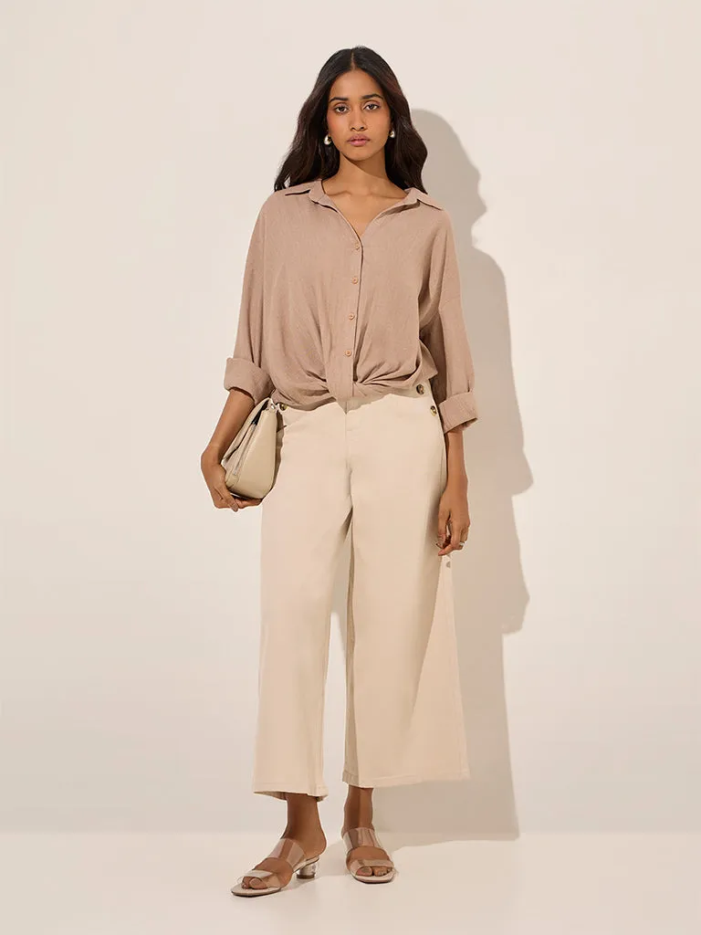 LOV Beige Knot-Detailed Linen-Blend Shirt