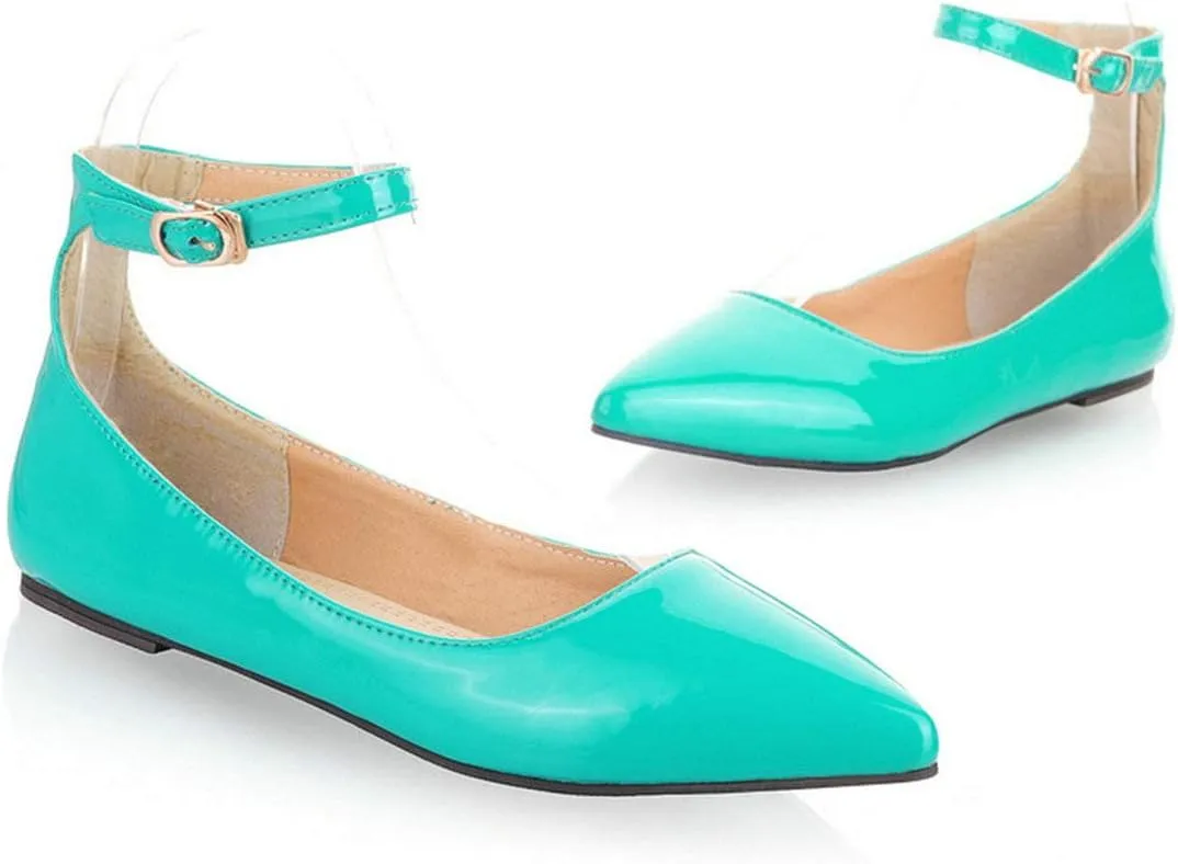LUXMAX Womens Ankle Strap Ballet Flats Patent Leather Pointy Toe Pumps