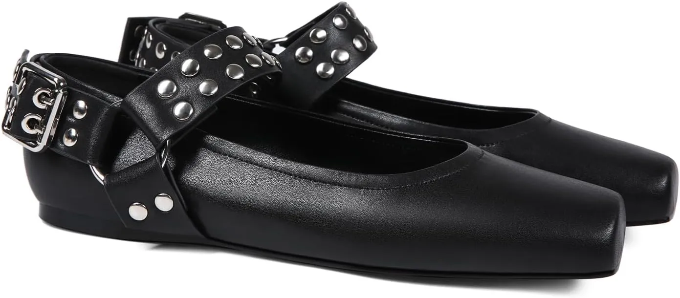 Mary Jane Flats for Women Square Toe Ballet Flats Studded Ankle Buckle Strap Comfortable Dressy Ballerina Shoes