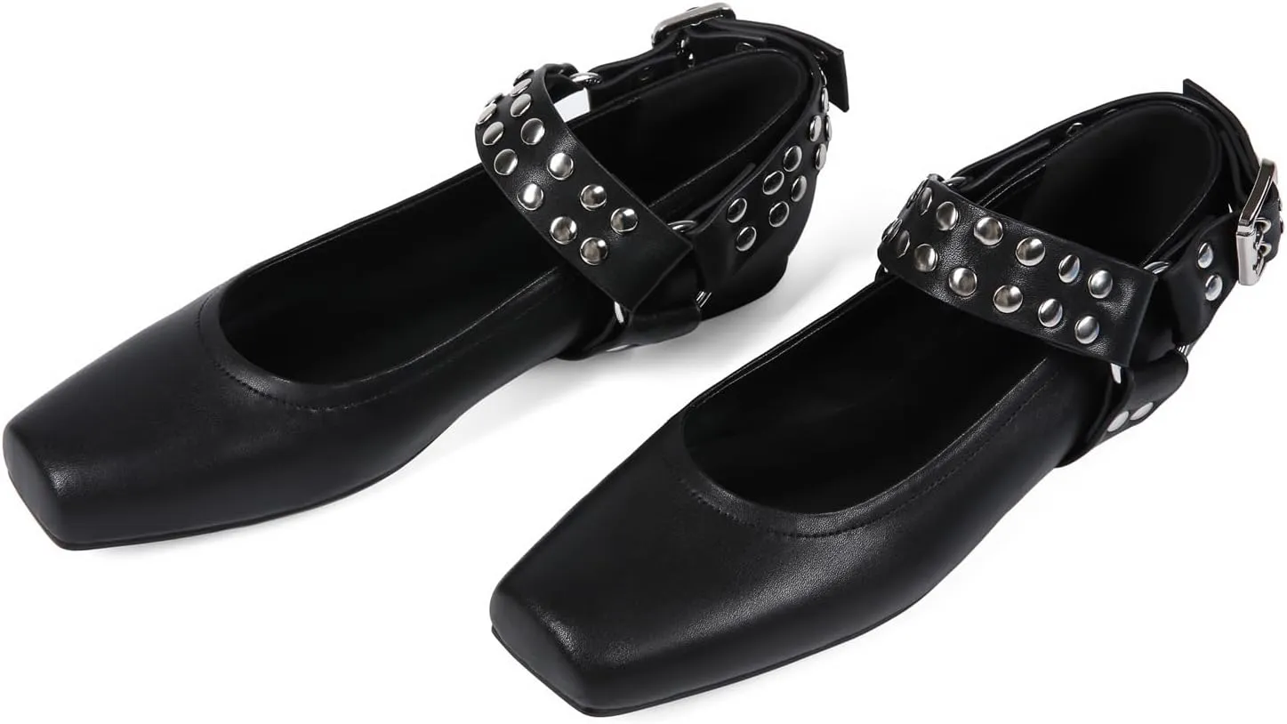 Mary Jane Flats for Women Square Toe Ballet Flats Studded Ankle Buckle Strap Comfortable Dressy Ballerina Shoes