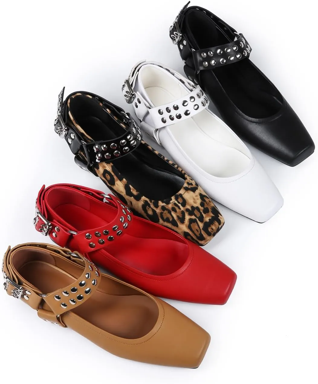 Mary Jane Flats for Women Square Toe Ballet Flats Studded Ankle Buckle Strap Comfortable Dressy Ballerina Shoes
