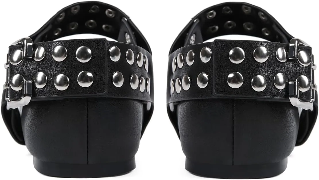 Mary Jane Flats for Women Square Toe Ballet Flats Studded Ankle Buckle Strap Comfortable Dressy Ballerina Shoes