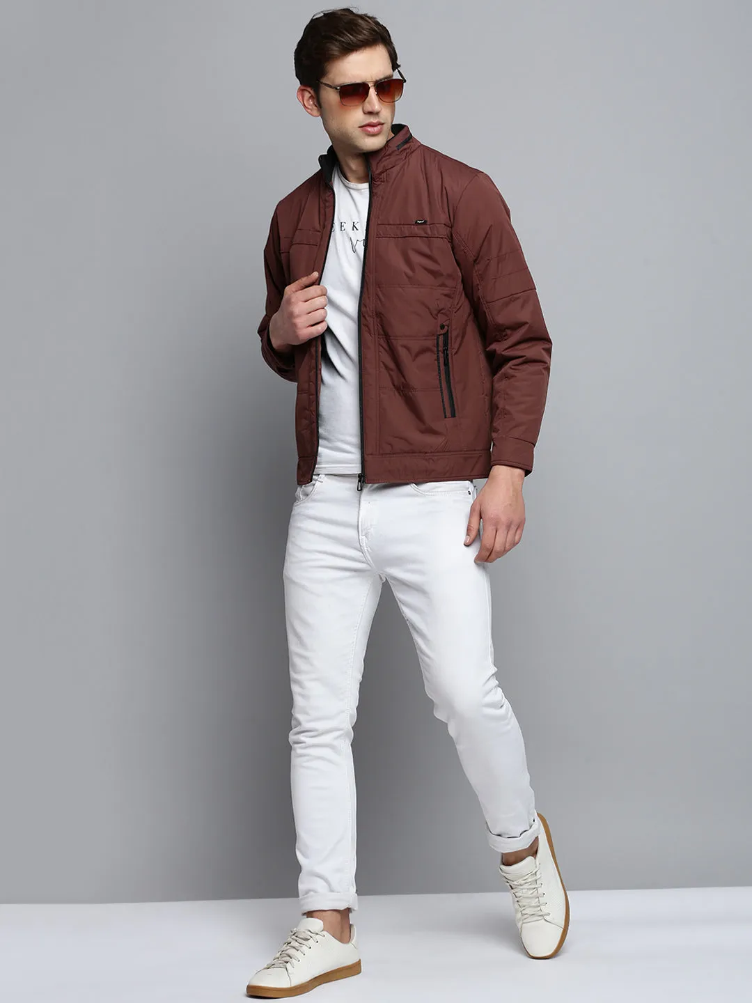 Men Brown Mock Collar Water Resistant Quilted Jacket