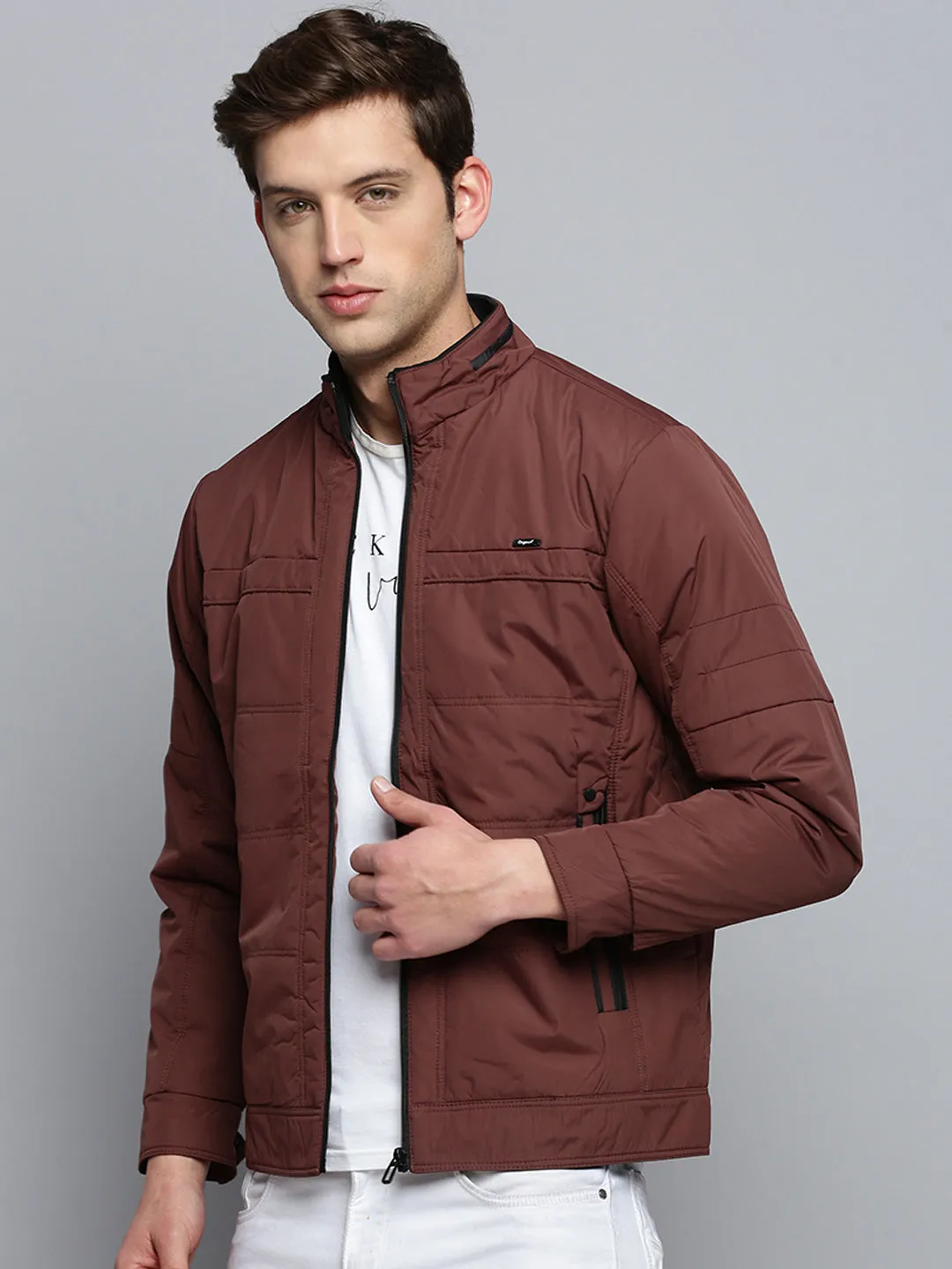 Men Brown Mock Collar Water Resistant Quilted Jacket