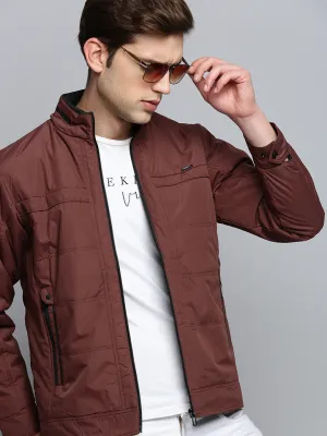 Men Brown Mock Collar Water Resistant Quilted Jacket