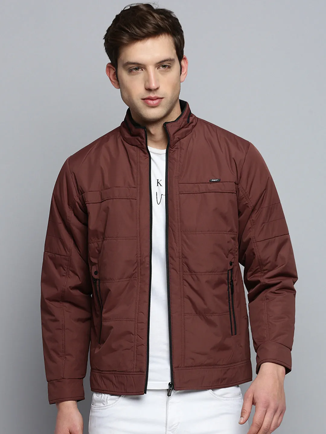 Men Brown Mock Collar Water Resistant Quilted Jacket