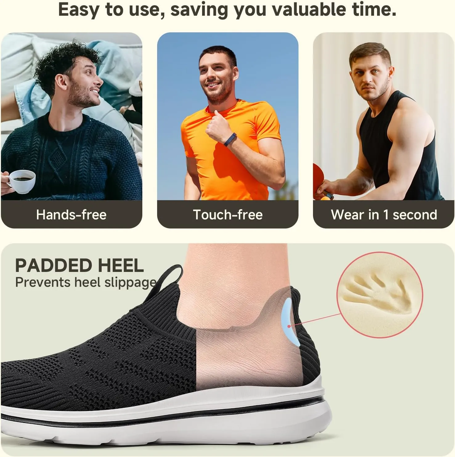 Men's Hands-Free Slip On Sneakers | Laceless Walking Shoes for Gym/Travel/Office