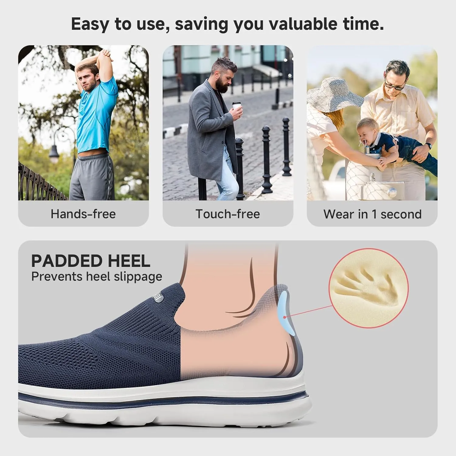 Men's Hands-Free Slip On Sneakers | Laceless Walking Shoes for Gym/Travel/Office
