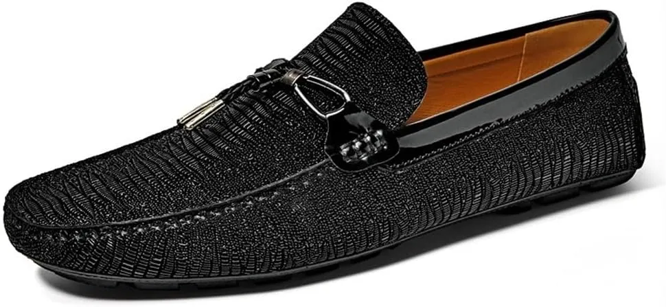 Men's Loafers Round Toe Shiny Vegan Leather Anti-Slip Resistant Flat Heel Outdoor Casual Slip On