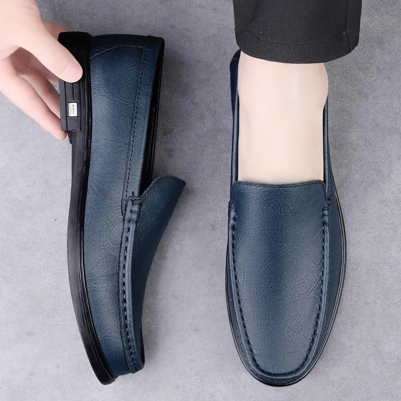 Men's Loafers Round Toe Solid Color Vegan Leather Loafer Shoes Flat Heel Anti-Slip Comfortable Casual Slip-on
