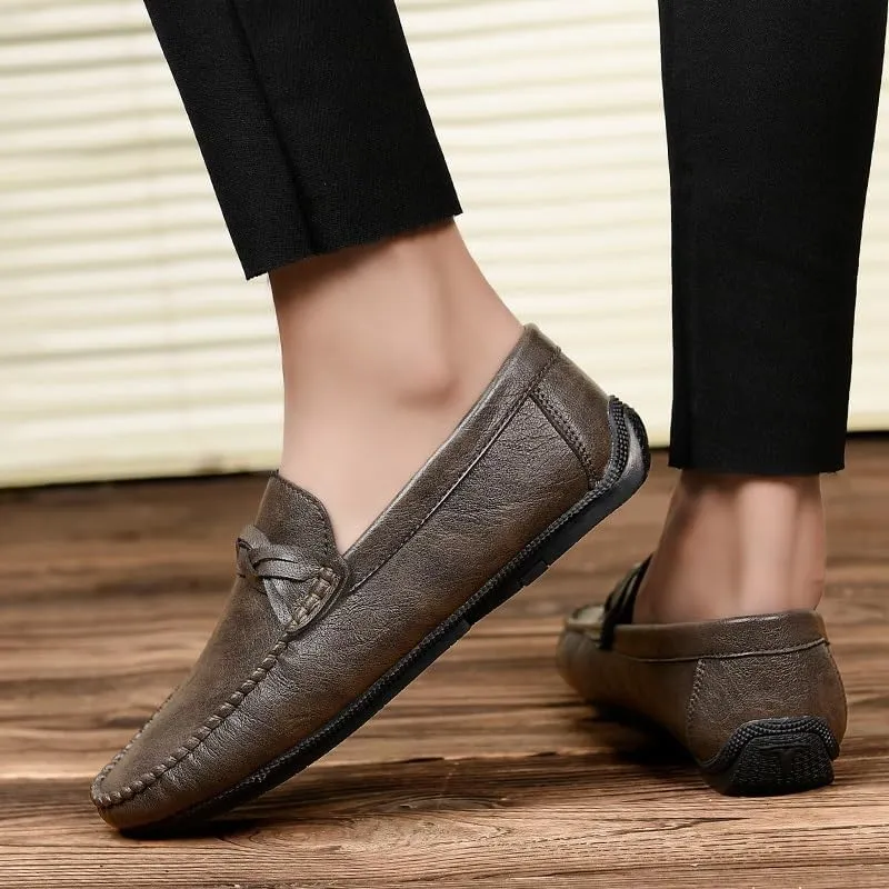 Men's Loafers Round Toe Vegan Leather Driving Loafers Flat Heel Lightweight Anti-Slip Prom Slip-on