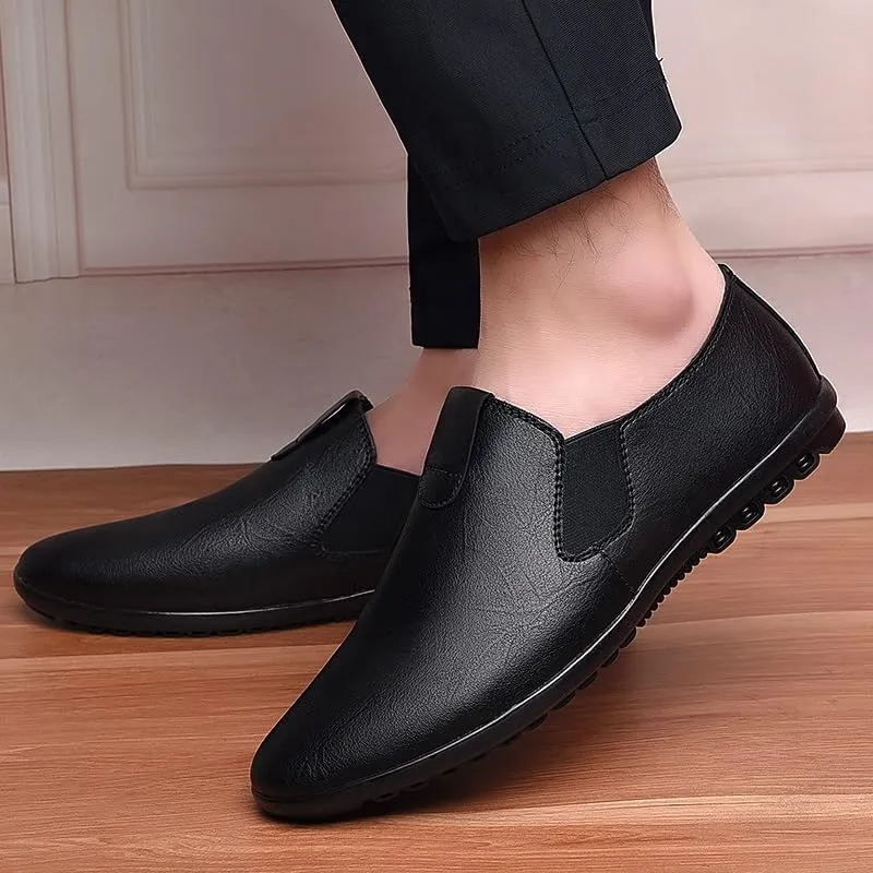 Mens Loafers Round Toe Vegan Leather Loafer Shoes Elastic Band Comfortable Flexible Flat Heel Fashion Slip On