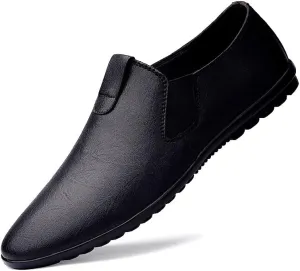 Mens Loafers Round Toe Vegan Leather Loafer Shoes Elastic Band Comfortable Flexible Flat Heel Fashion Slip On