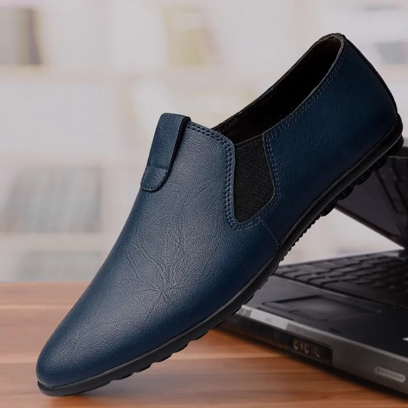 Mens Loafers Round Toe Vegan Leather Loafer Shoes Elastic Band Comfortable Flexible Flat Heel Fashion Slip On