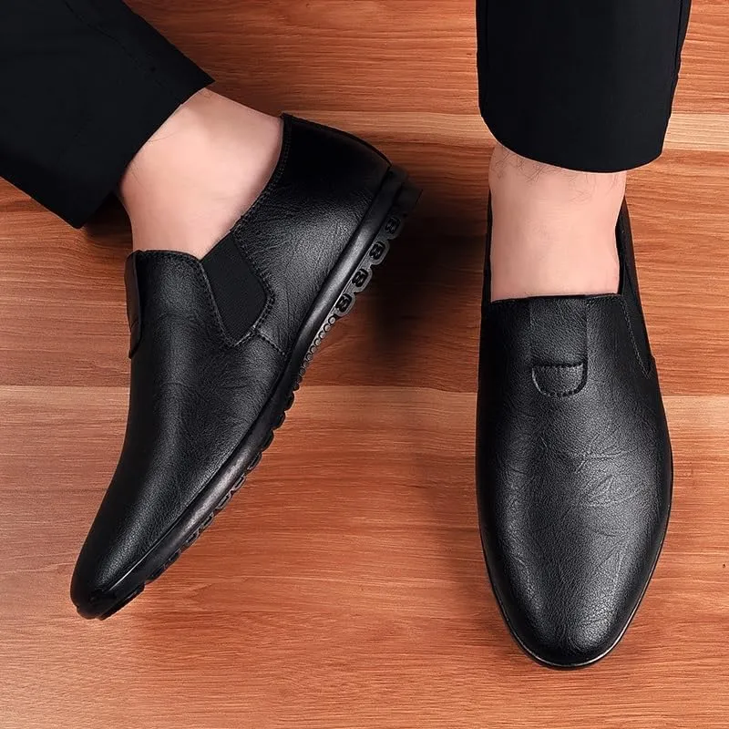Mens Loafers Round Toe Vegan Leather Loafer Shoes Elastic Band Comfortable Flexible Flat Heel Fashion Slip On