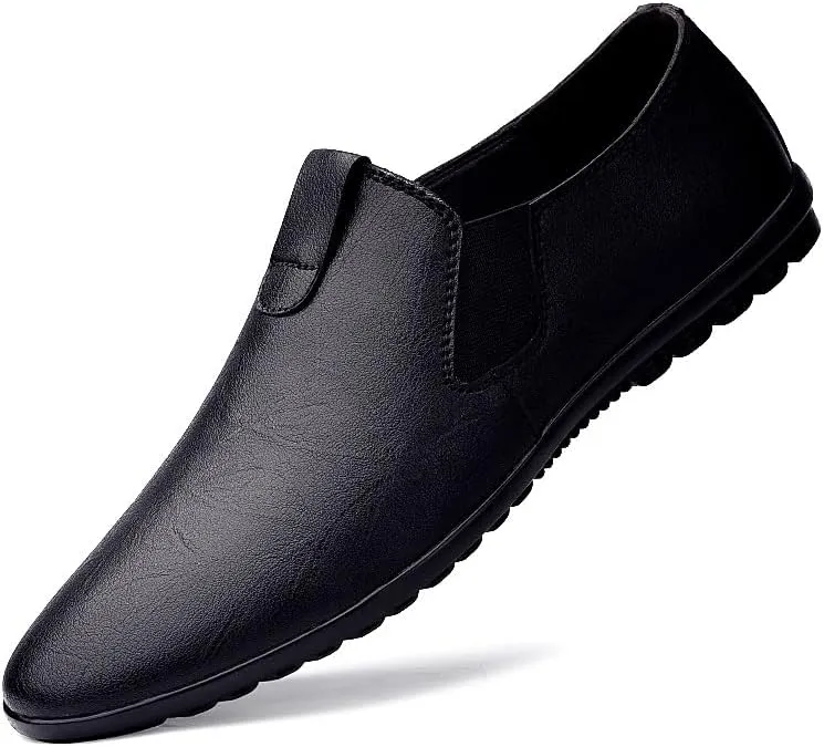 Mens Loafers Round Toe Vegan Leather Loafer Shoes Elastic Band Comfortable Flexible Flat Heel Fashion Slip On