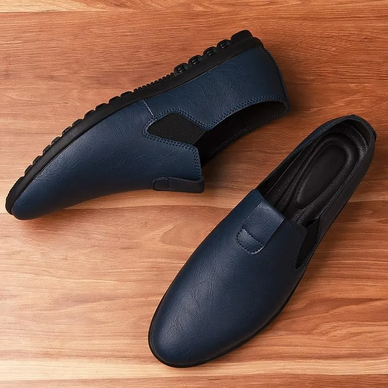 Mens Loafers Round Toe Vegan Leather Loafer Shoes Elastic Band Comfortable Flexible Flat Heel Fashion Slip On