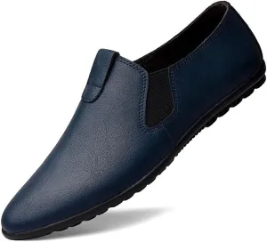 Mens Loafers Round Toe Vegan Leather Loafer Shoes Elastic Band Comfortable Flexible Flat Heel Fashion Slip On