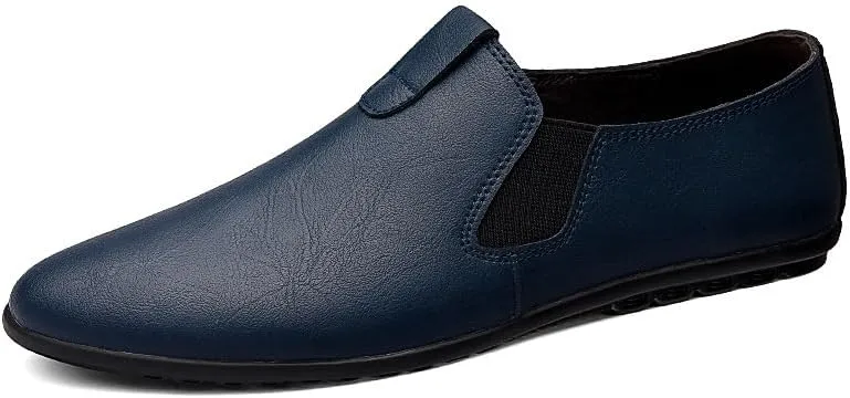 Mens Loafers Round Toe Vegan Leather Loafer Shoes Elastic Band Comfortable Flexible Flat Heel Fashion Slip On