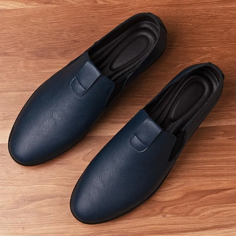 Mens Loafers Round Toe Vegan Leather Loafer Shoes Elastic Band Comfortable Flexible Flat Heel Fashion Slip On