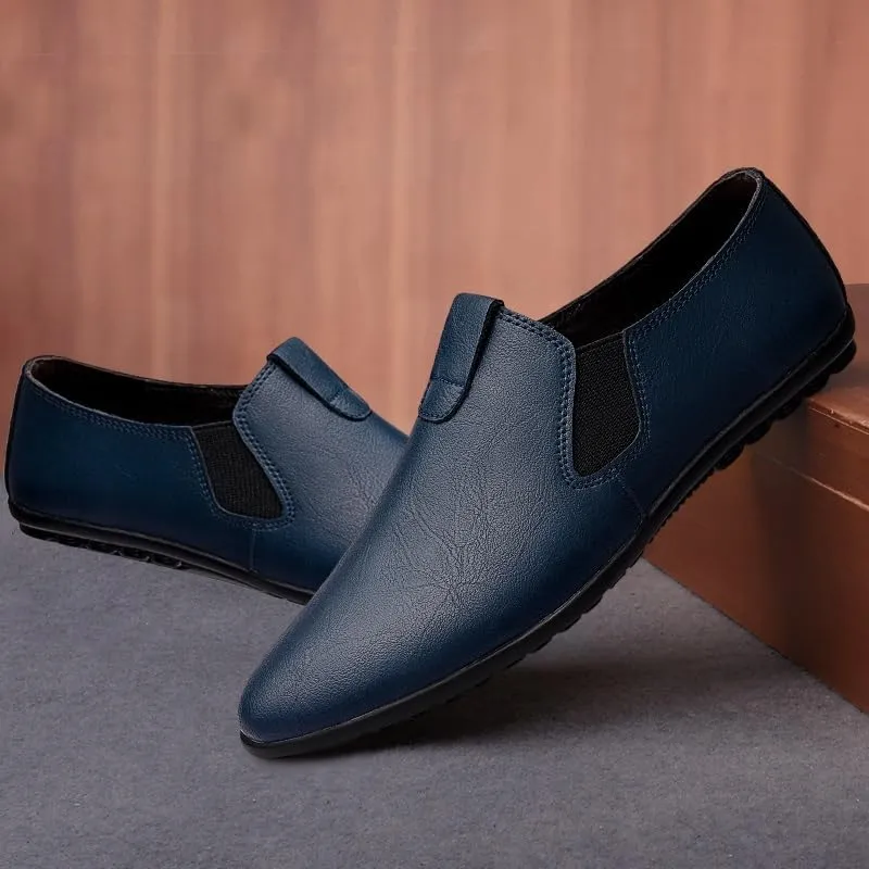 Mens Loafers Round Toe Vegan Leather Loafer Shoes Elastic Band Comfortable Flexible Flat Heel Fashion Slip On