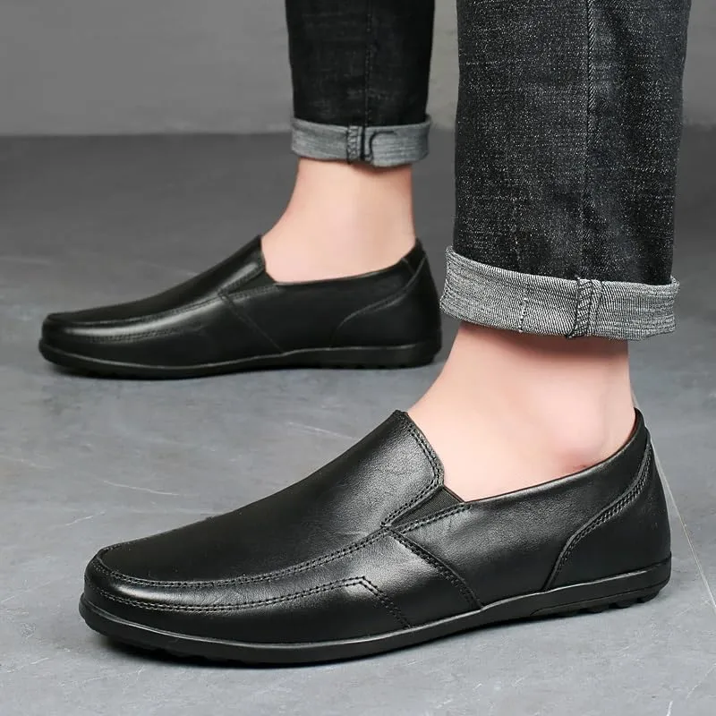 Mens Loafers Round Toe Vegan Leather Solid Color Loafer Shoes Flexible Anti-Slip Flat Heel Outdoor Slip On