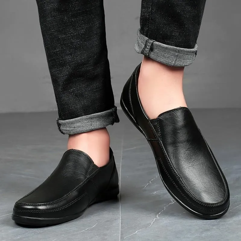 Mens Loafers Round Toe Vegan Leather Solid Color Loafer Shoes Flexible Anti-Slip Flat Heel Outdoor Slip On