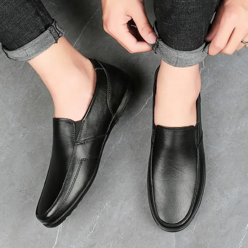 Mens Loafers Round Toe Vegan Leather Solid Color Loafer Shoes Flexible Anti-Slip Flat Heel Outdoor Slip On