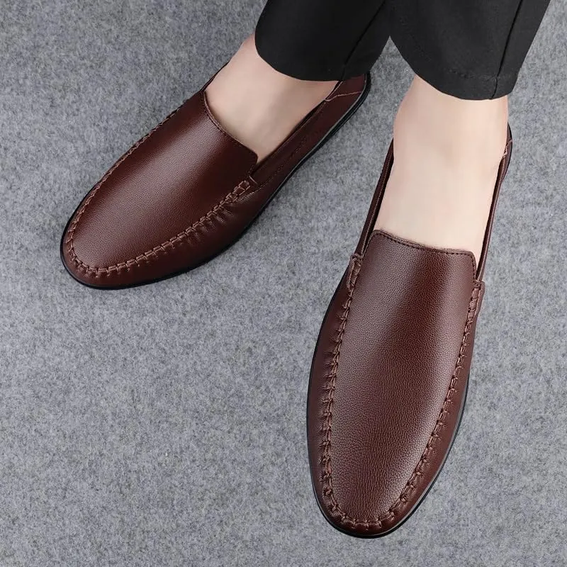 Mens Loafers Shoe Round Toe Solid Color Vegan Leather Loafer Shoes Flat Heel Resistant Comfortable Prom Slip On