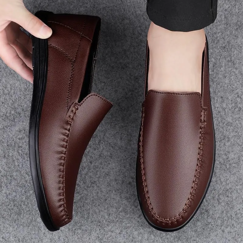 Mens Loafers Shoe Round Toe Solid Color Vegan Leather Loafer Shoes Flat Heel Resistant Comfortable Prom Slip On