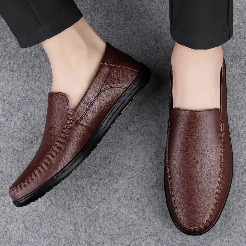 Mens Loafers Shoe Round Toe Solid Color Vegan Leather Loafer Shoes Flat Heel Resistant Comfortable Prom Slip On
