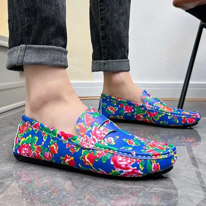 Mens Loafers Shoe Square Toe Vegan Leather Floral Two Tone Penny Loafers Flat Heel Lightweight Resistant Prom Party Slip On