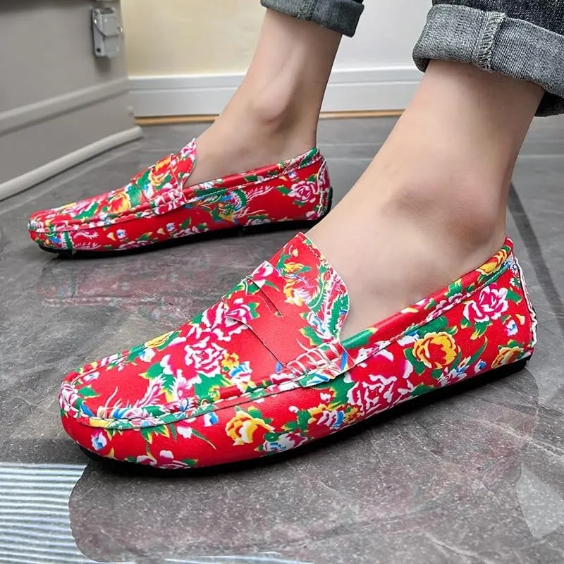 Mens Loafers Shoe Square Toe Vegan Leather Floral Two Tone Penny Loafers Flat Heel Lightweight Resistant Prom Party Slip On
