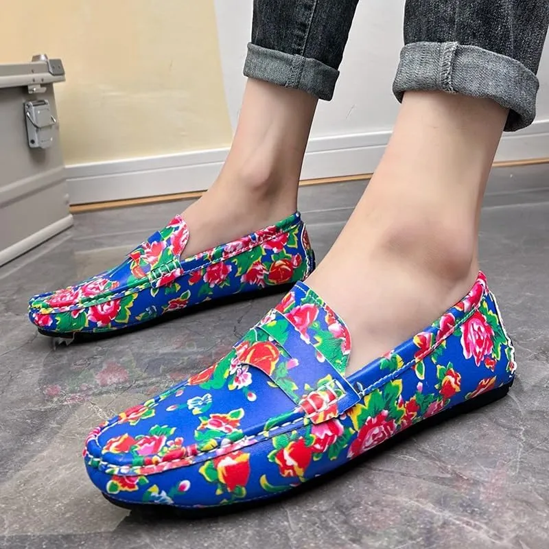 Mens Loafers Shoe Square Toe Vegan Leather Floral Two Tone Penny Loafers Flat Heel Lightweight Resistant Prom Party Slip On