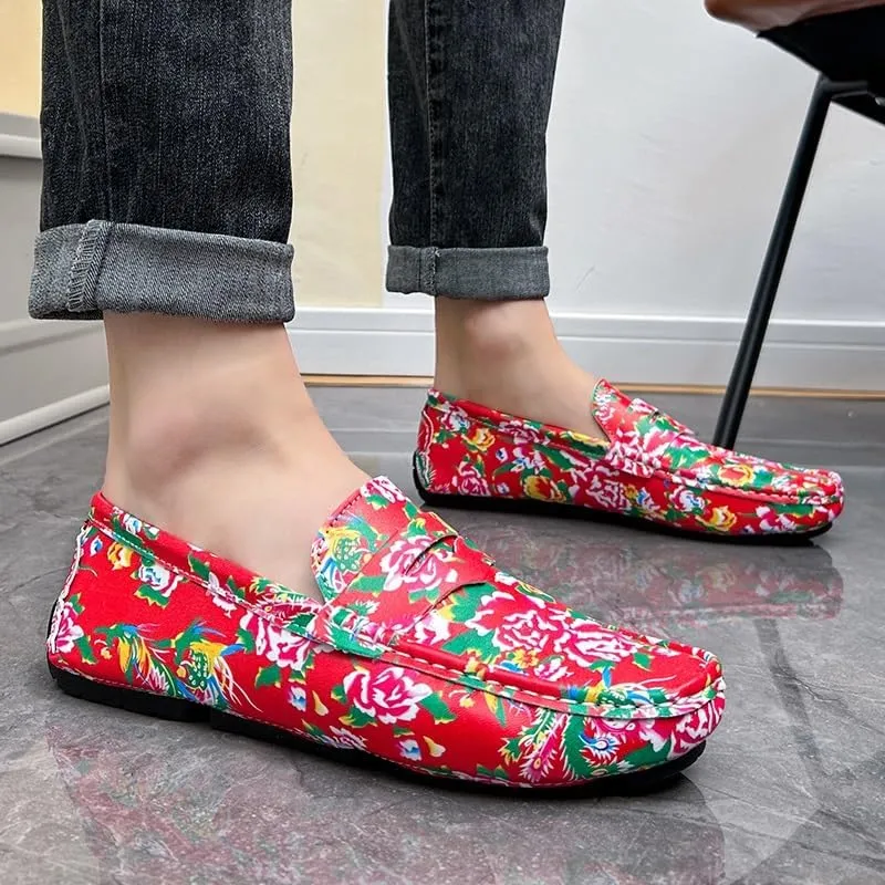 Mens Loafers Shoe Square Toe Vegan Leather Floral Two Tone Penny Loafers Flat Heel Lightweight Resistant Prom Party Slip On