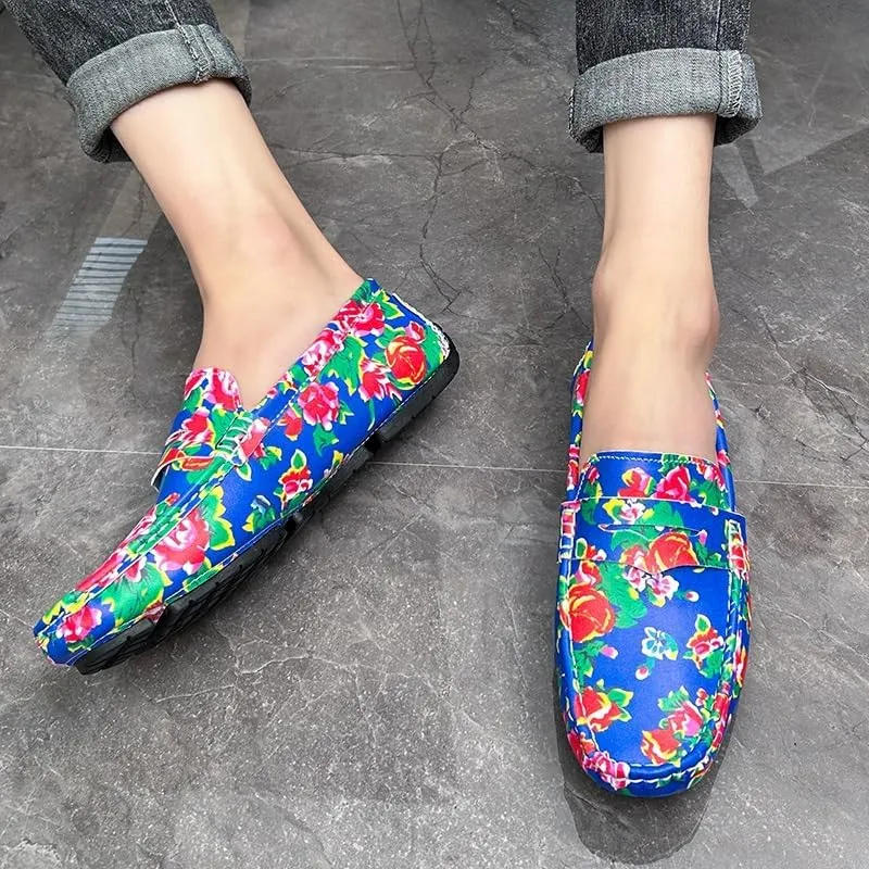 Mens Loafers Shoe Square Toe Vegan Leather Floral Two Tone Penny Loafers Flat Heel Lightweight Resistant Prom Party Slip On