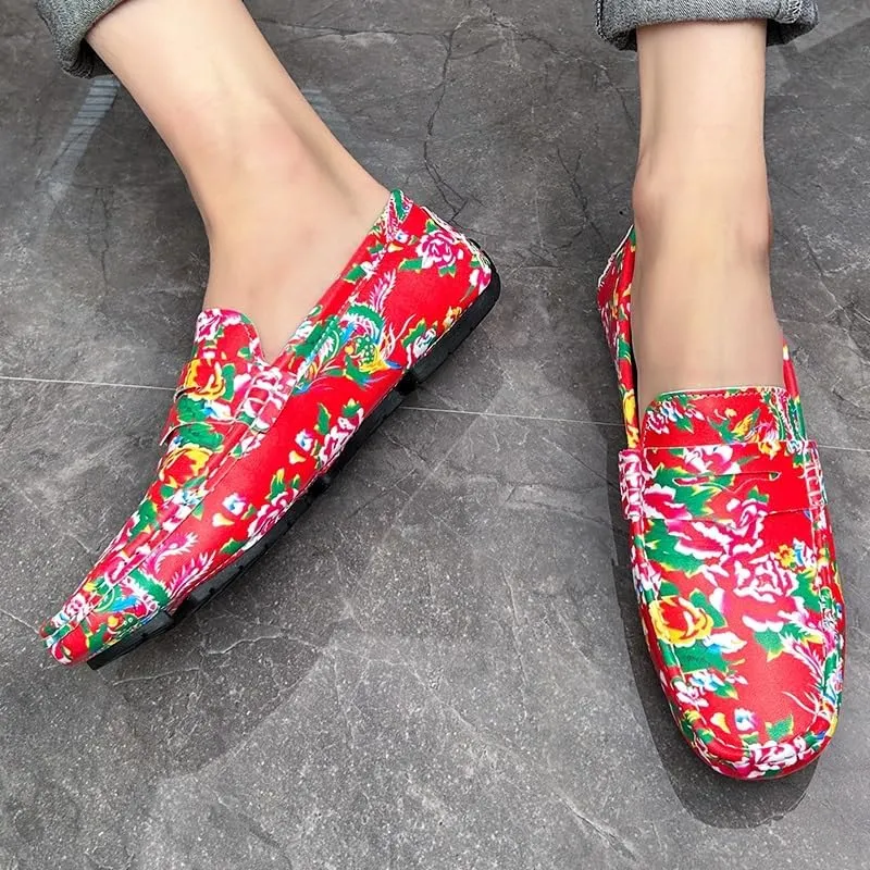 Mens Loafers Shoe Square Toe Vegan Leather Floral Two Tone Penny Loafers Flat Heel Lightweight Resistant Prom Party Slip On