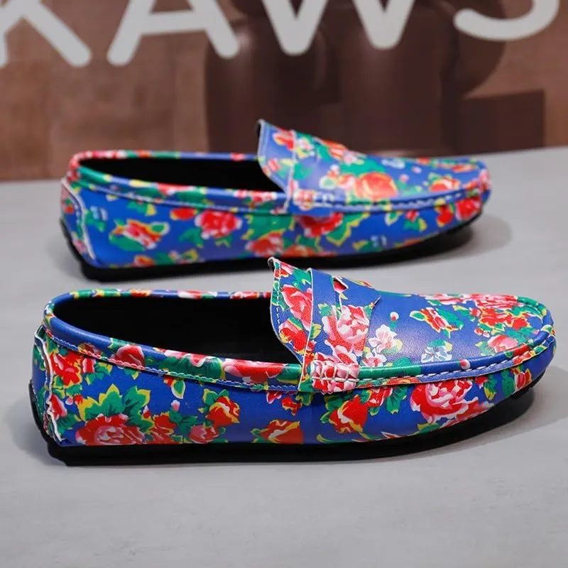 Mens Loafers Shoe Square Toe Vegan Leather Floral Two Tone Penny Loafers Flat Heel Lightweight Resistant Prom Party Slip On