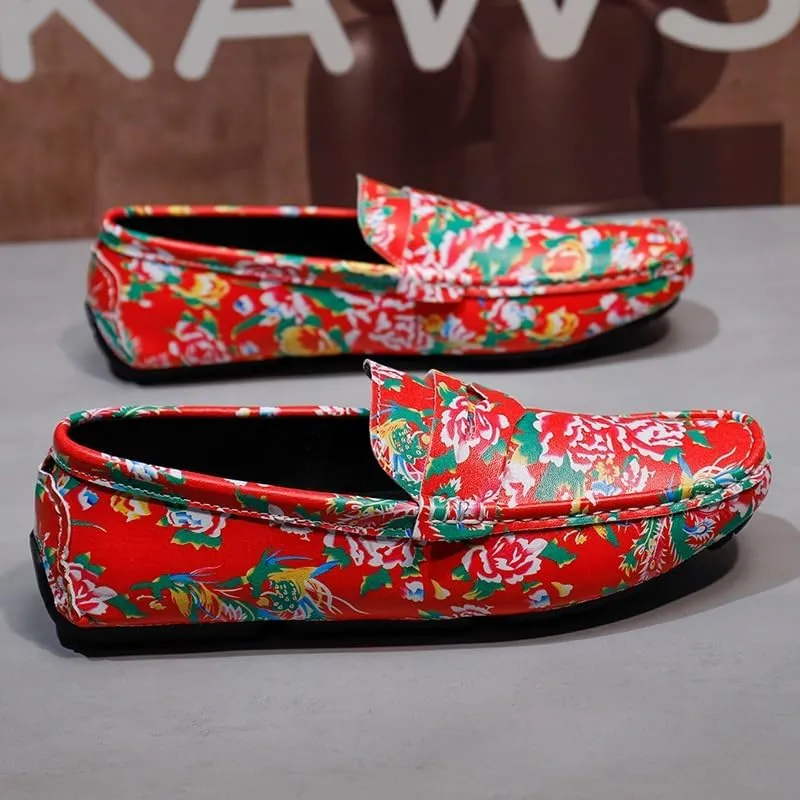 Mens Loafers Shoe Square Toe Vegan Leather Floral Two Tone Penny Loafers Flat Heel Lightweight Resistant Prom Party Slip On
