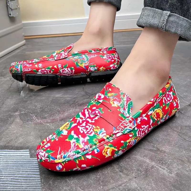 Mens Loafers Shoe Square Toe Vegan Leather Floral Two Tone Penny Loafers Flat Heel Lightweight Resistant Prom Party Slip On