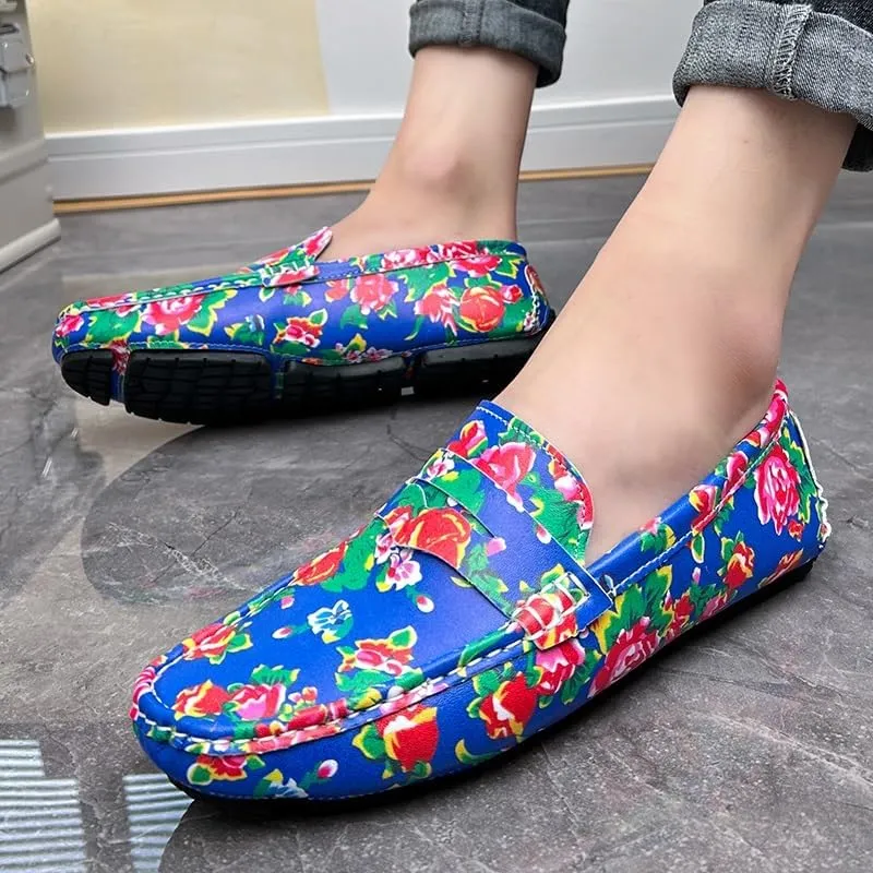 Mens Loafers Shoe Square Toe Vegan Leather Floral Two Tone Penny Loafers Flat Heel Lightweight Resistant Prom Party Slip On