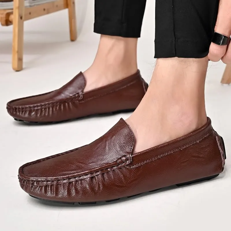 Men's Loafers Shoes Round Toe Solid Color Driving Style Loafer Vegan Leather Flat Heel Lightweight Flexible Casual Fashion Slip On