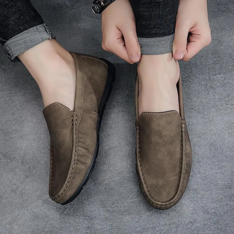 Mens Loafers Solid Color Round Toe Vegan Leather Anti-Slip Comfortable Flat Heel Fashion Slip-on