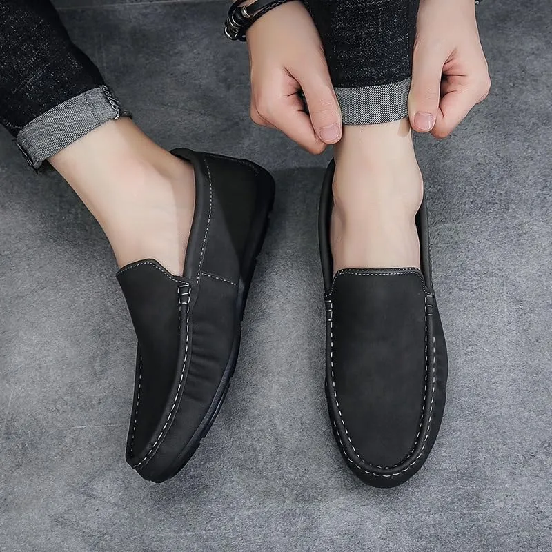 Mens Loafers Solid Color Round Toe Vegan Leather Anti-Slip Comfortable Flat Heel Fashion Slip-on