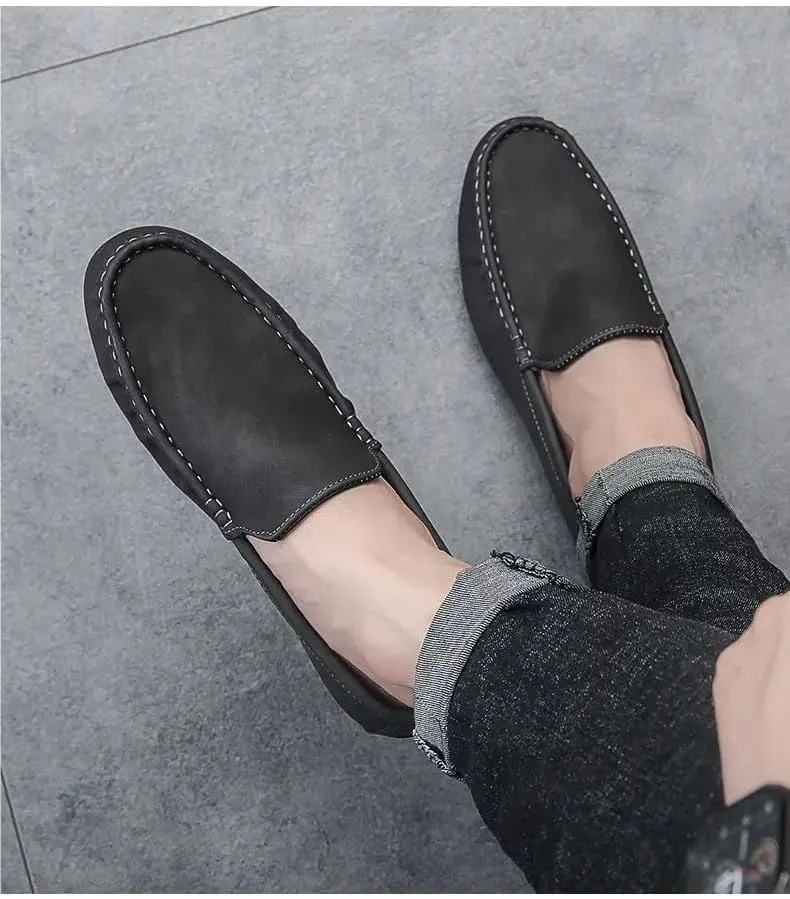 Mens Loafers Solid Color Round Toe Vegan Leather Anti-Slip Comfortable Flat Heel Fashion Slip-on