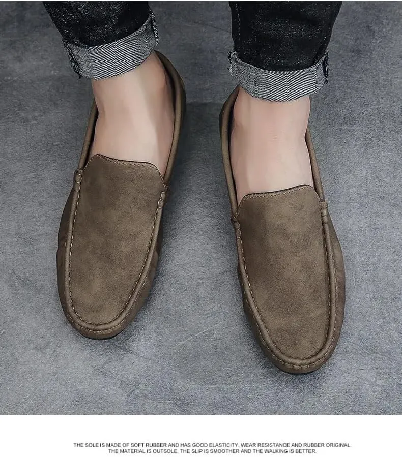 Mens Loafers Solid Color Round Toe Vegan Leather Anti-Slip Comfortable Flat Heel Fashion Slip-on