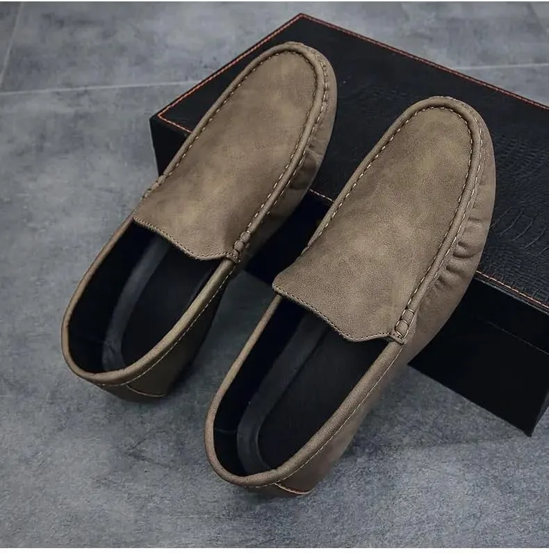 Mens Loafers Solid Color Round Toe Vegan Leather Anti-Slip Comfortable Flat Heel Fashion Slip-on