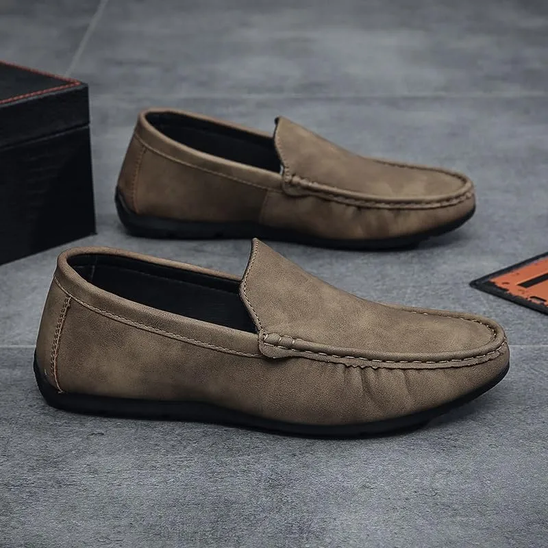 Mens Loafers Solid Color Round Toe Vegan Leather Anti-Slip Comfortable Flat Heel Fashion Slip-on