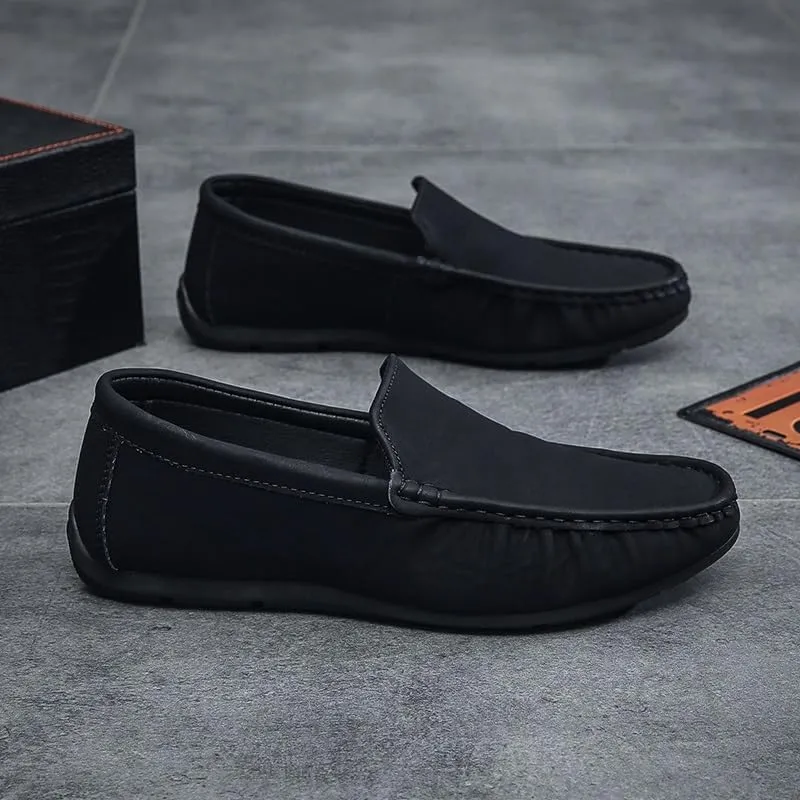 Mens Loafers Solid Color Round Toe Vegan Leather Anti-Slip Comfortable Flat Heel Fashion Slip-on